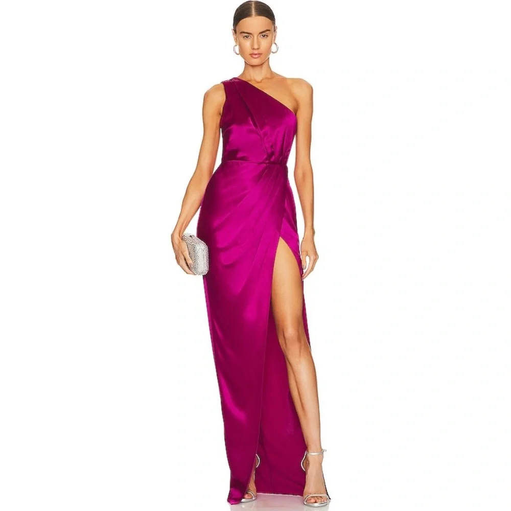 Sau Lee Preston One Shoulder Maxi Gown In Raspberry
